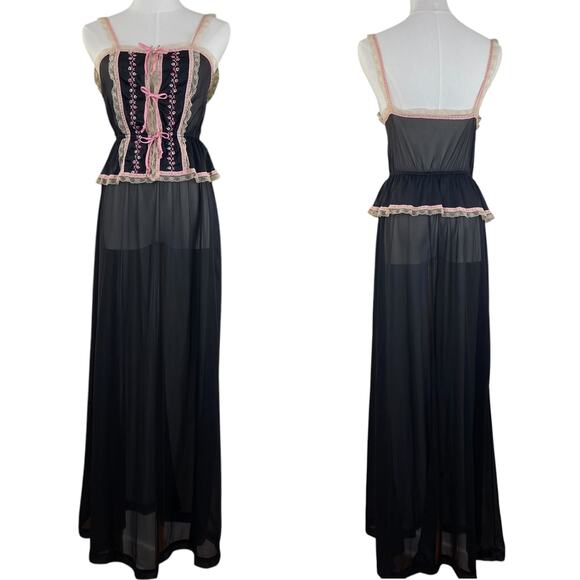Vintage 70s Gossard Artemis Black & Pink Lacy Embroidered Maxi Nightgown size S - Picture 2 of 11